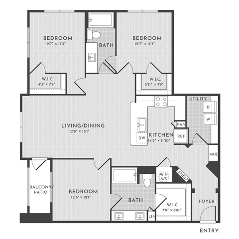 Floor plan for 3 beds, 2 baths, 1408 sqft